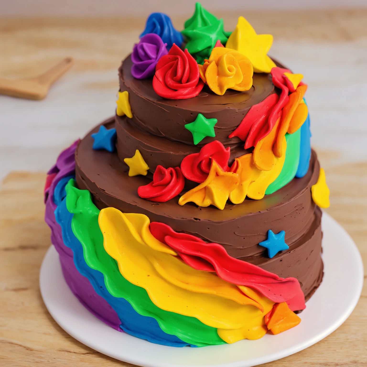 on a wooden table. there is a white plate. double tier chocolate cake ((chocolate cream texture, strokes of a pastry spatula)), rainbow cream in stitches, decorated with rainbow stars made of polymer clay, multi-colored cream on top ((cream highlights)), against the background of the kitchen, Beautiful light from the window, contour light, Multiple light sources, beautiful lighting, Bright light source, bright lighting, beautiful light sources, Multiple light sources, Realistic style , realistic texture, detailed texture, A high resolution, high quality, macro photography 