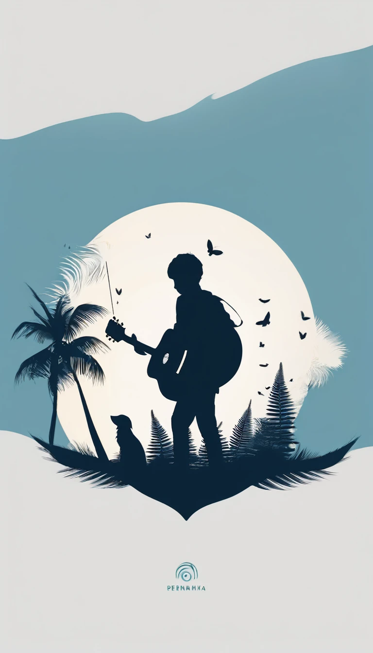 A minimal, modern, simple, cinematic logo design for the brand “Penamemoria". The logo design must be a simple, silhouette of a boy, standing up, playing acoustic guitar and fantasy feather by his side. The logo must convey a sense of music, stories, memories and dreams. Logo design impressed on a book cover. Minimalistic logo. Light blue, white and soft golden as colors for the logo design