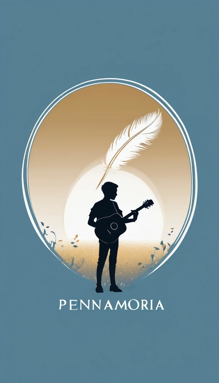 A minimal, modern, simple, cinematic logo design for the brand “Penamemoria". The logo design must be a simple, silhouette of a boy, standing up, playing acoustic guitar and fantasy feather by his side. The logo must convey a sense of music, stories, memories and dreams. Logo design impressed on a book cover. Minimalistic logo. Light blue, white and soft golden as colors for the logo design
