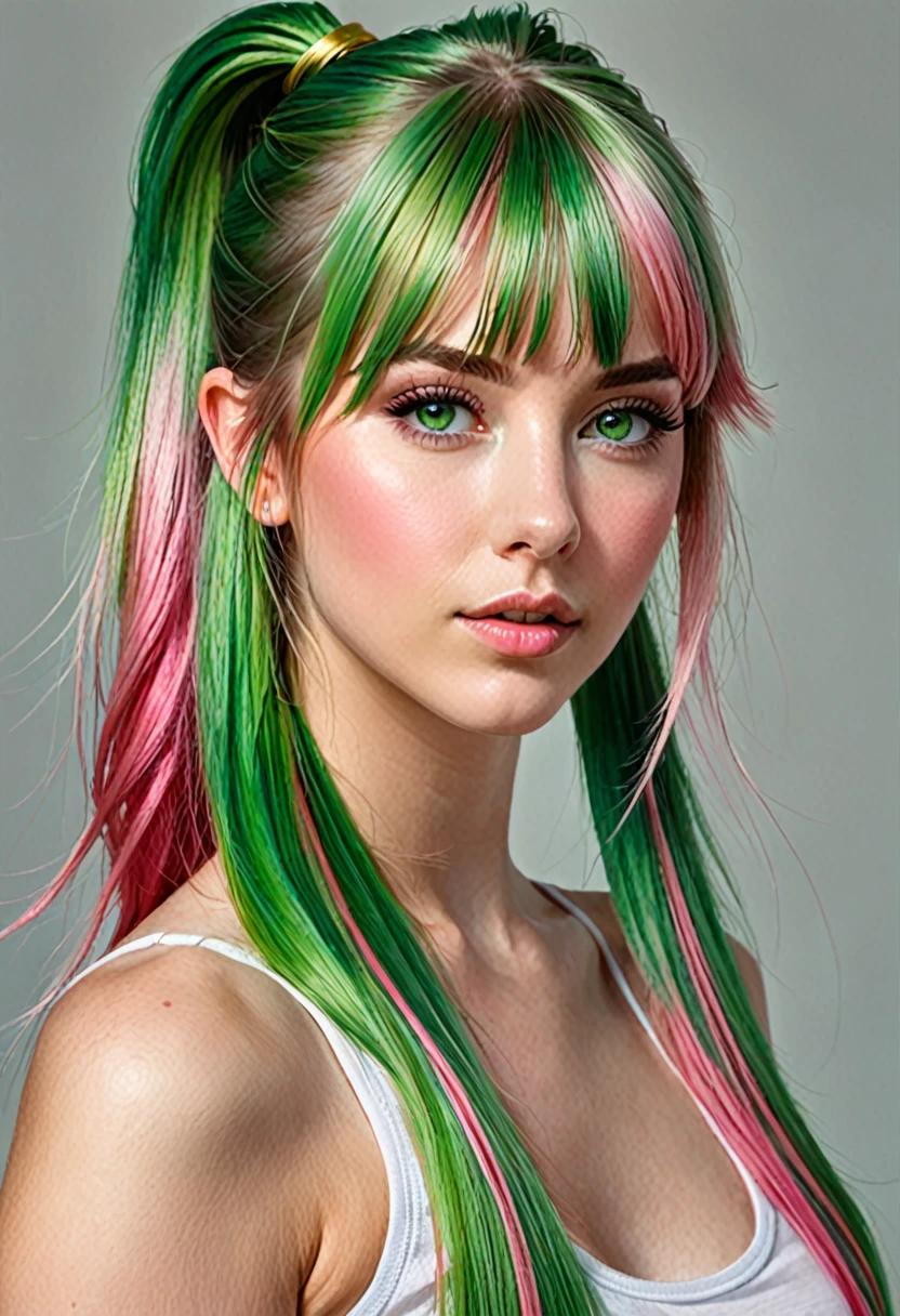 Portrait, photorealistic, realistic, girl, green eyes, clear skin, soft makeup, (very long streaked green/pink hair), bangs, ponytail, hair cascades down her back, realistic soft skin, tight body,