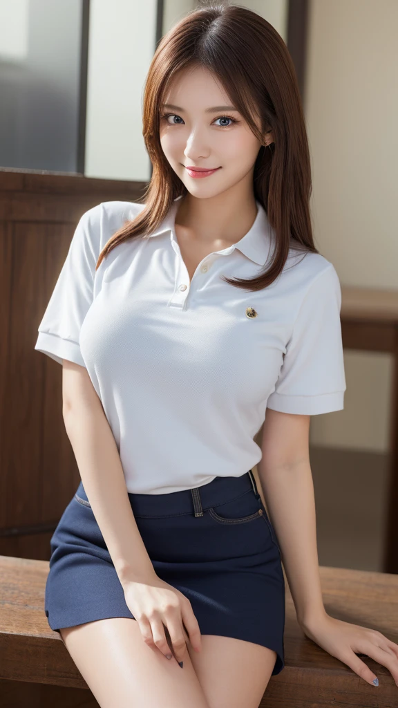 (One woman), Great face and eyes, blue eyes, Captivating smile, (Stunningly beautiful woman), (Highest quality:1.4), (Very detailedな), (Very detailed CG 統合 8k 壁紙), Very detailed, High-quality RAW color photos, Professional photography, Written boundary depth、Sexy pose、Luxury、(((Big Breasts、Reality)))、(((Polo shirt)))、mini skirt、Beautiful feet、height: 170cm、Slender beauty