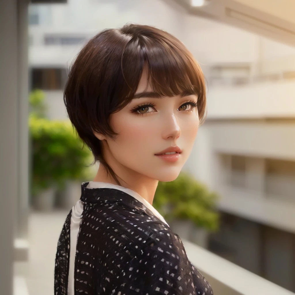 ((Highest quality, 8K, masterpiece :1.3)), whole body, Sharp focus :1.2, Beautiful woman with perfect figure :1.4, Slim Abs :1.2, ((Dark brown hair, Big Breasts :1.2)), Body Dress :1.1, (Night city view, Modern balcony :1.1), Highly detailed face and skin texture, Fine grain, double eyelid, Small Bust, OL Uniform, office Wear, White T-shirt, Exposed cleavage, (Black Pantyhose), (No pants), Indoor scene, office