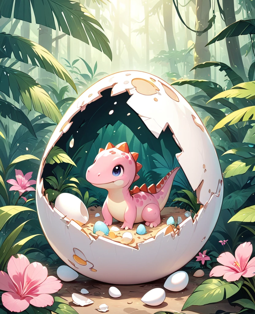 Interesting illustrations:Pink little dinosaur in a broken eggshell,cute,Rainforest