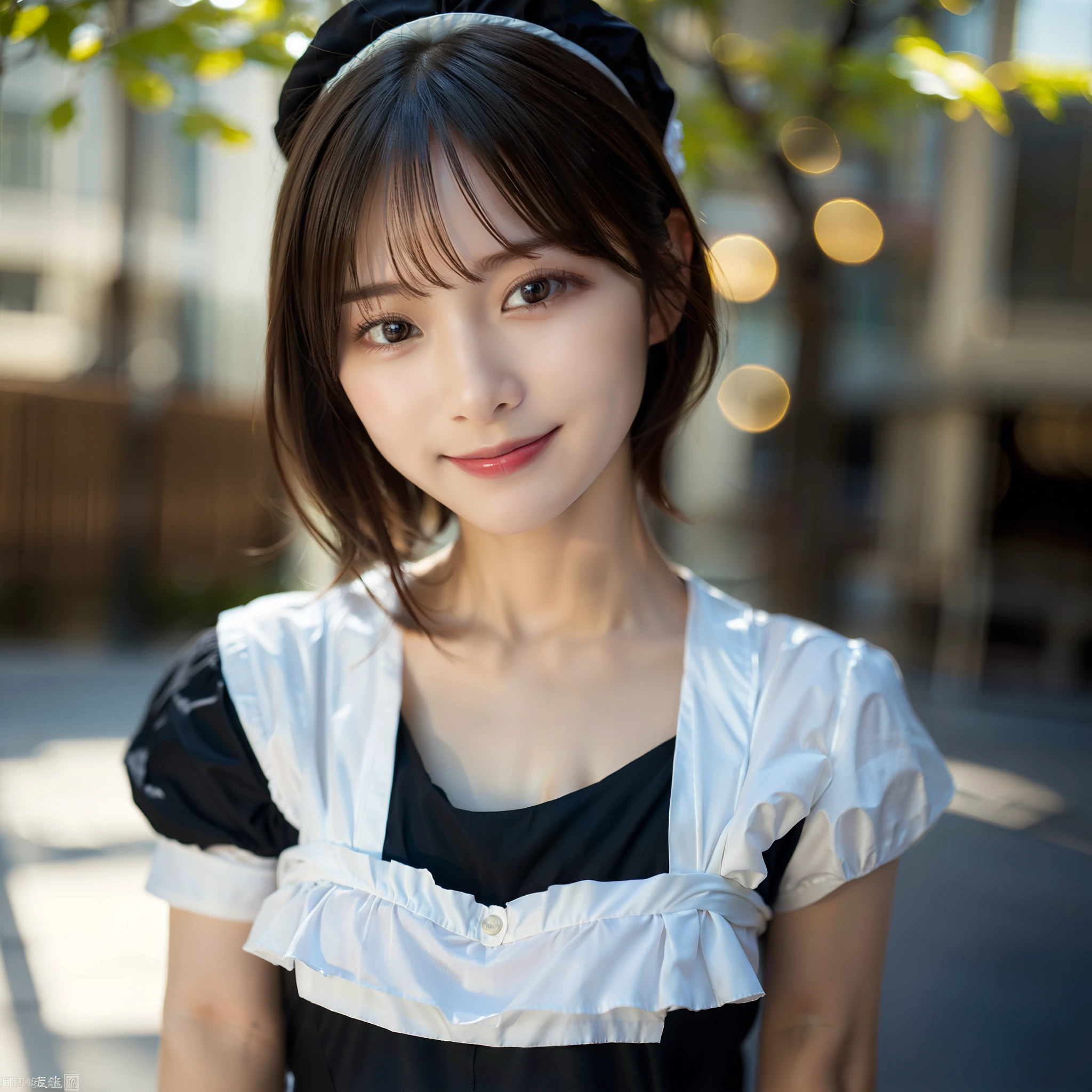 top-quality、8K Masterpiece、超A high resolution、(Photorealsitic:1.3)、Raw photo、1人、Short bob hair、glowy skin、maid clothes、((super realistic details))、portlate、globalillumination、octan render、in 8K、ultrasharp、Beautiful breasts、highly intricate detail、Realistic light、CGSoation Trends、beautidful eyes、radiant eyes、Facing the camera、Spiteful smile