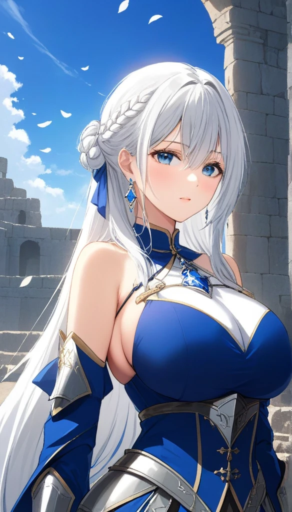 One girl, blue eyes, long hair, white hair, (((blue-streaked white hair))), french braids, delicate and flexible eyes, knightly attire, FOV, , ancient civilization's ruins background, blue sky, falling leaves, front portrait shot, face focus, (((bare shoulders))), front bangs, (((asymmetrical hair))), knight lady, (((female knight blue attire))), looking at viewers, (((big breasts))), (((untied hair))), (((detached sleeves))), (patterned breastplate), (patterned breast armor), from front, face photoshot,long chandelier earrings,huge earrings, silver earrings,long earrings