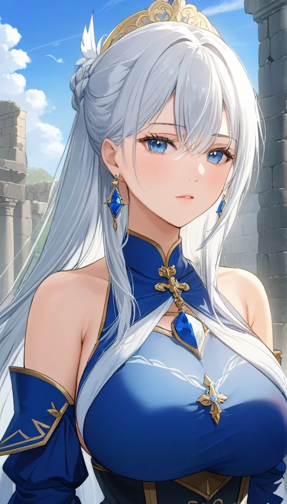 One girl, blue eyes, long hair, white hair, (((blue-streaked white hair))), french braids, delicate and flexible eyes, knightly attire, FOV, , ancient civilization's ruins background, blue sky, falling leaves, front portrait shot, face focus, (((bare shoulders))), front bangs, (((asymmetrical hair))), knight lady, (((female knight blue attire))), looking at viewers, (((big breasts))), (((untied hair))), (((detached sleeves))), (patterned breastplate), (patterned breast armor), from front, face photoshot,long chandelier earrings,huge earrings, silver earrings,long earrings