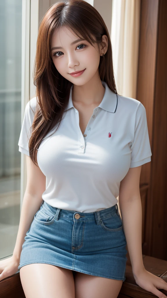 (One woman), Great face and eyes, blue eyes, Captivating smile, (Stunningly beautiful woman), (Highest quality:1.4), (Very detailedな), (Very detailed CG 統合 8k 壁紙), Very detailed, High-quality RAW color photos, Professional photography, Written boundary depth、Sexy pose、Luxury、(((Big Breasts、Reality)))、(((Polo shirt)))、mini skirt、Beautiful feet、height: 170cm、Slender beauty