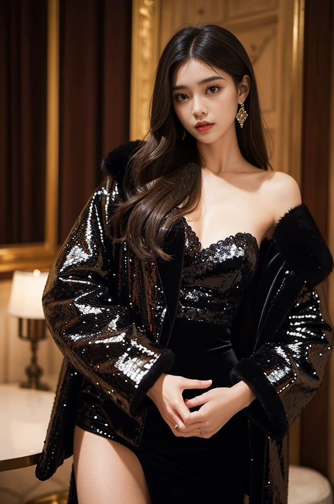 Gorgeous evening jacket:If the dinner is more formal,Can be paired with a gorgeous coat,Like velvet、Fur or sequined coats。This not only increases the sense of nobility,Keeps you warm during dinner parties。