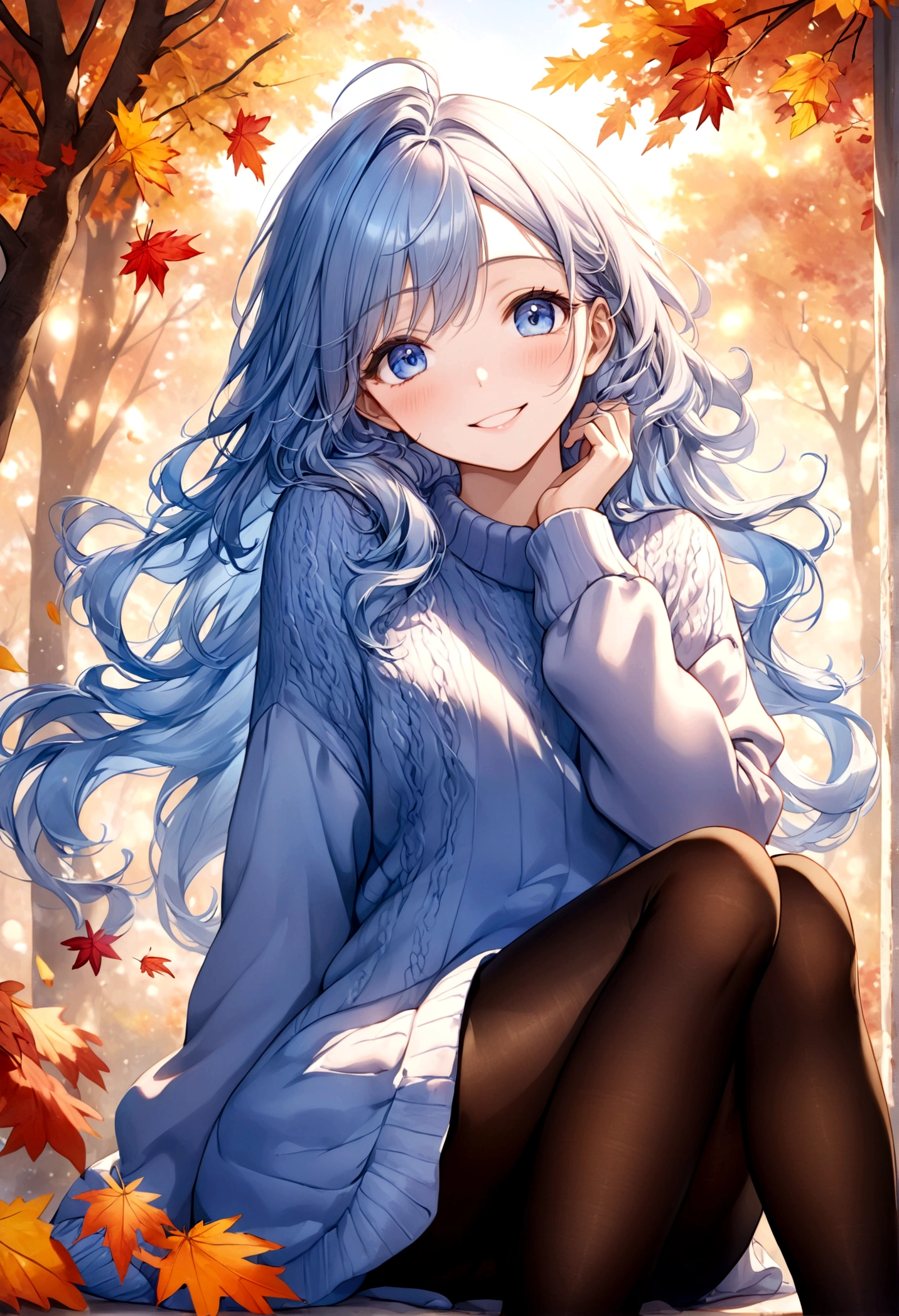 ((top-quality)), ((masterpiece)), ((ultra-detailliert)), (extremely delicate and beautiful), beautiful woman, bright light blue hair, long wavy hair, sapphire blue eyes, cozy sweater dress, sheer black pantyhose, sweet smile, relaxed expression, fair complexion, autumn background
