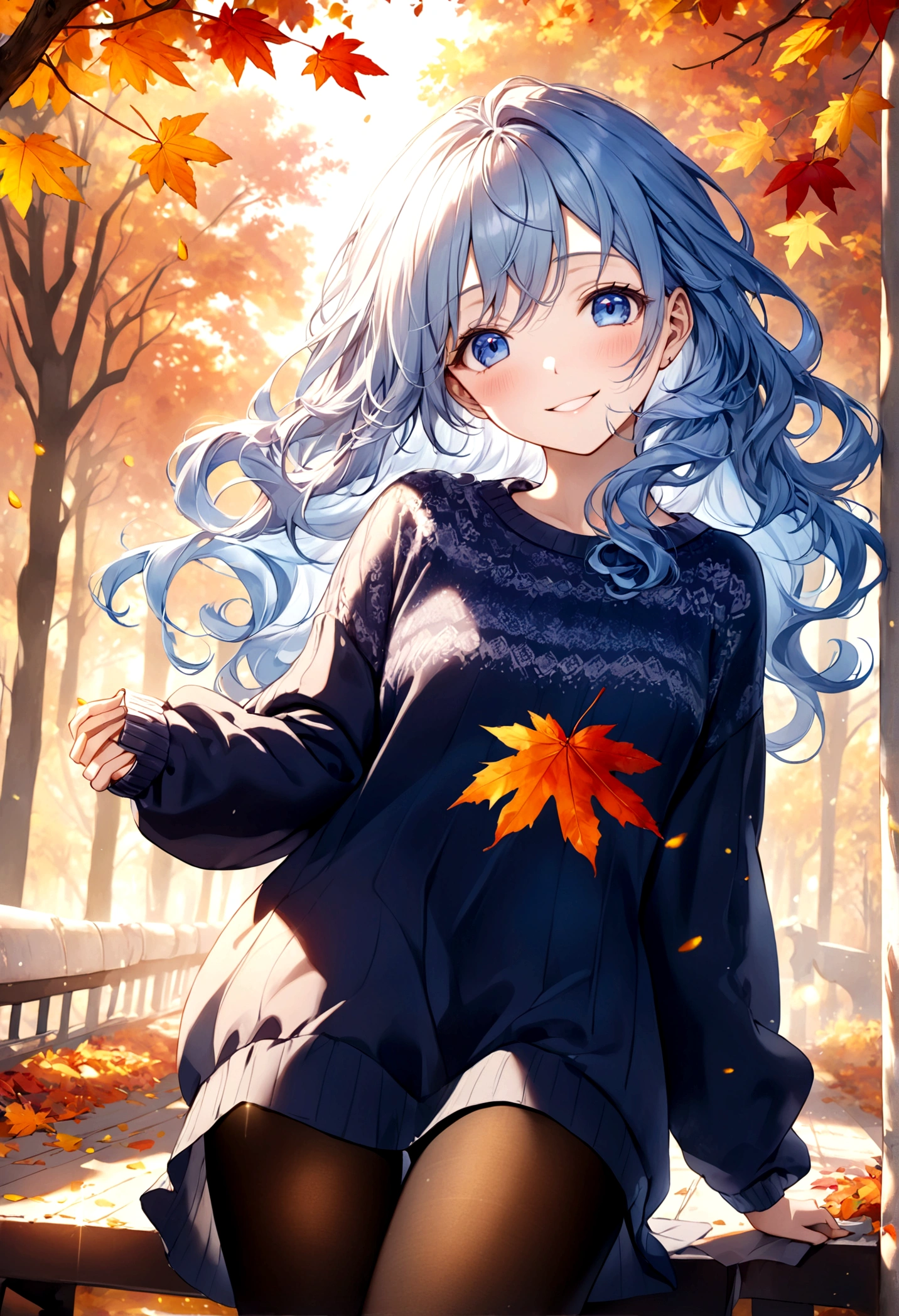 ((top-quality)), ((masterpiece)), ((ultra-detailliert)), (extremely delicate and beautiful), beautiful woman, bright light blue hair, long wavy hair, sapphire blue eyes, cozy sweater dress, sheer black pantyhose, sweet smile, relaxed expression, fair complexion, autumn background