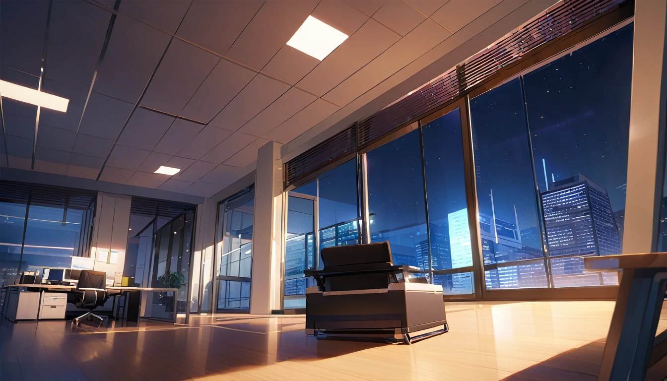 office,总裁的office,Floor-to-ceiling windows,A top-down view of the scene,明亮的office,Night view outside the window