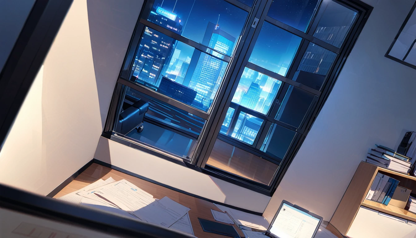 office,总裁的office,Floor-to-ceiling windows,A top-down view of the scene,明亮的office,Night view outside the window