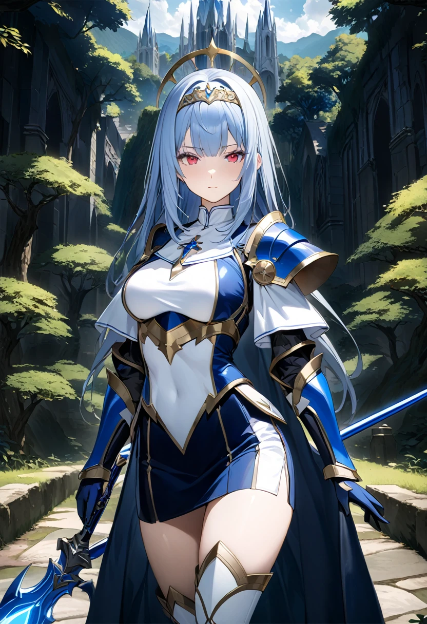 Highest quality、unity 8k wallpaper、32k、masterpiece、Very detailed、Ultra-high resolution、Very detailedな顔, RAW Photos, Professional, Ultra-fine painting, The Fallen Saint、　Midnight blue long straight hair、Platinum tiara with blue gemstones、Blue Nun Cape、Red Eyes、(Tree Eyes), Cool and sharp features, hime cut, 20～A female magical warrior, about 24 years old.、White and gold breastplate、Blue and white leotard、(((Blue and white gold-embellished long pencil skirt with side armor and long slits)))、Half puff sleeves with shoulder pads、A large white ribbon with a large sapphire on the chest、White and blue long gloves、(((White and blue thigh-high stiletto boots:1.0)))、whole body、He has a spear with a glowing blue blade, 