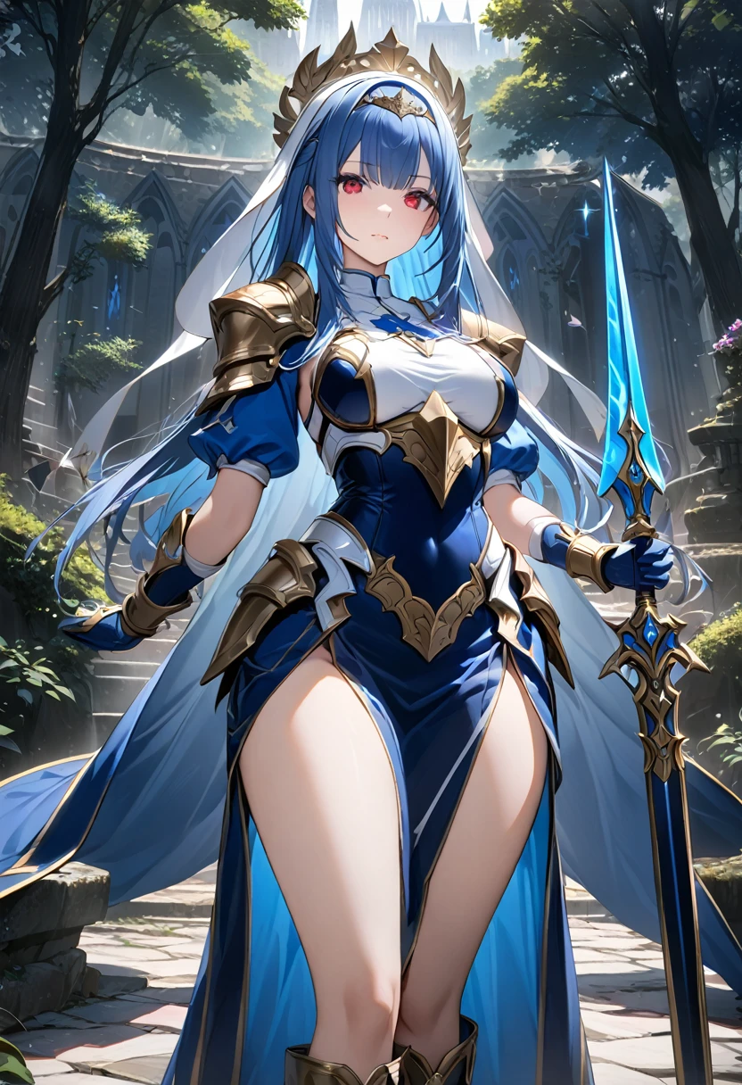 Highest quality、unity 8k wallpaper、32k、masterpiece、Very detailed、Ultra-high resolution、Very detailedな顔, RAW Photos, Professional, Ultra-fine painting, The Fallen Saint、 Midnight blue long straight hair、Platinum tiara with blue gemstones、Blue Nun Cape、Red Eyes、(Tree Eyes), Cool and sharp features, hime cut, 20~A female magical warrior, about 24 years old.、White and gold breastplate、Blue and white leotard、(((Blue and white gold-embellished long pencil skirt with side armor and long slits)))、Half puff sleeves with shoulder pads、A large white ribbon with a large sapphire on the chest、White and blue long gloves、(((White and blue thigh-high stiletto boots:1.0)))、whole body、He has a spear with a glowing blue blade,