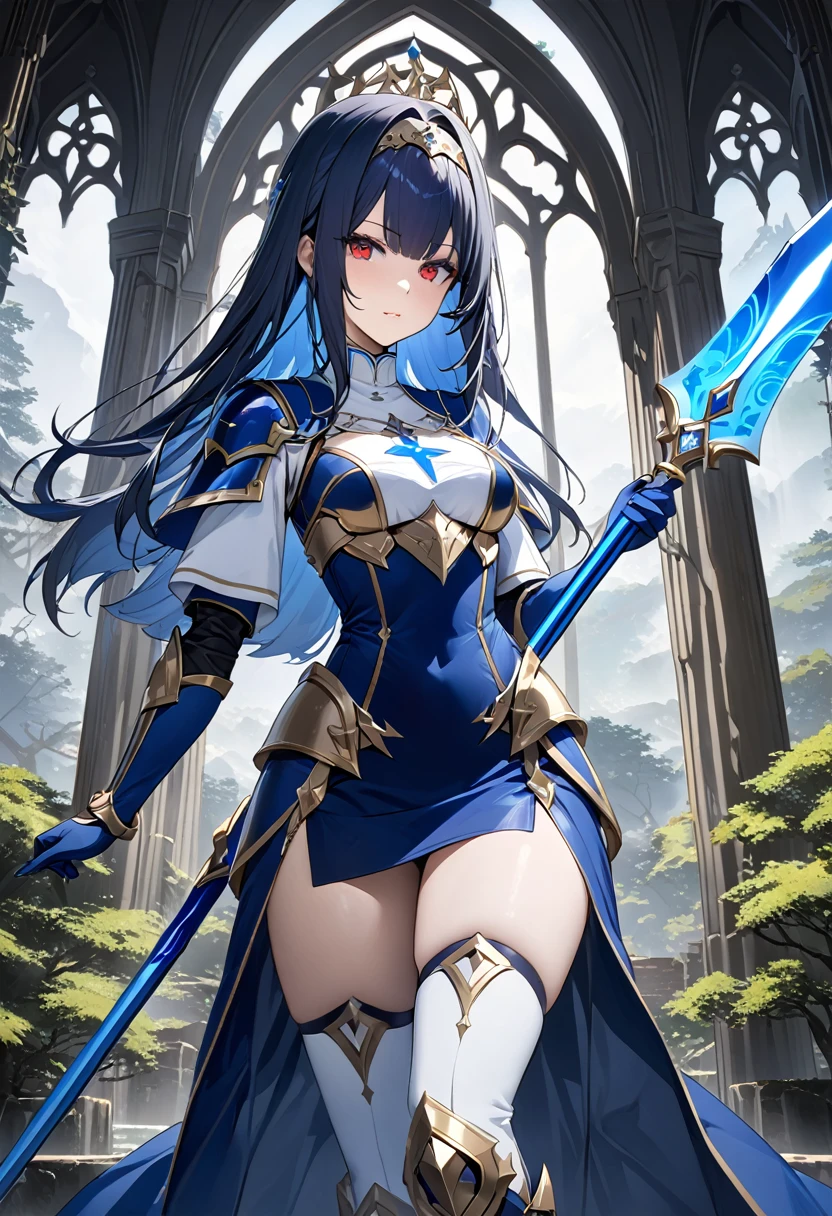 Highest quality、unity 8k wallpaper、32k、masterpiece、Very detailed、Ultra-high resolution、Very detailedな顔, RAW Photos, Professional, Ultra-fine painting, The Fallen Saint、　Midnight blue long straight hair、Platinum tiara with blue gemstones、Blue Nun Cape、Red Eyes、(Tree Eyes), Cool and sharp features, hime cut, 20～A female magical warrior, about 24 years old.、White and gold breastplate、Blue and white leotard、(((Blue and white gold-embellished long pencil skirt with side armor and long slits)))、Half puff sleeves with shoulder pads、A large white ribbon with a large sapphire on the chest、White and blue long gloves、(((White and blue thigh-high stiletto boots:1.0)))、whole body、He has a spear with a glowing blue blade, 