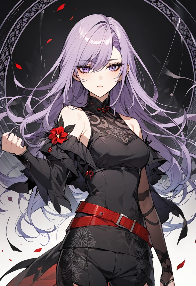One a beautiful and calm woman, she has dark purple hair mixed with light purple hair at the ends of her hair, she wears black shorts and she wears a dark purple top with a red belt accessory with a death flower pattern. Manhwa style.