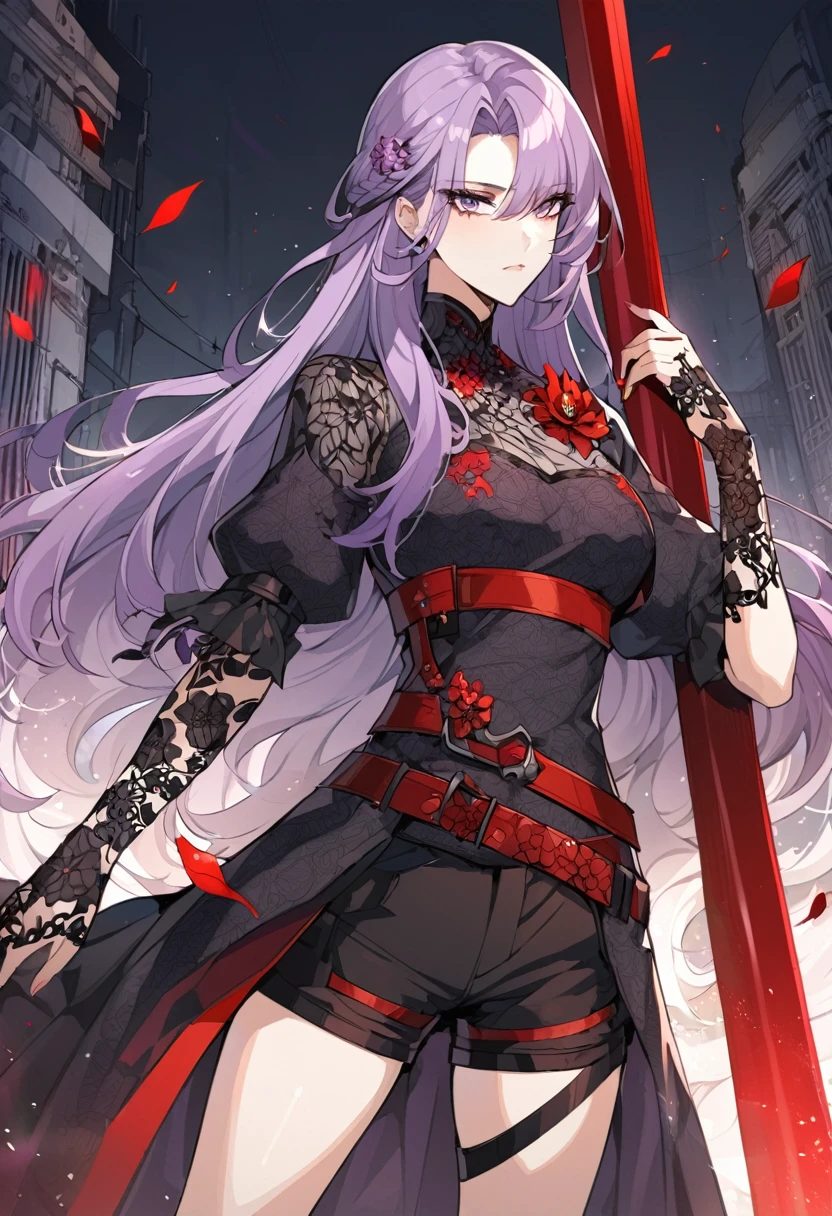 One a beautiful and calm woman, she has dark purple hair mixed with light purple hair at the ends of her hair, she wears black shorts and she wears a dark purple top with a red belt accessory with a death flower pattern. Manhwa style.