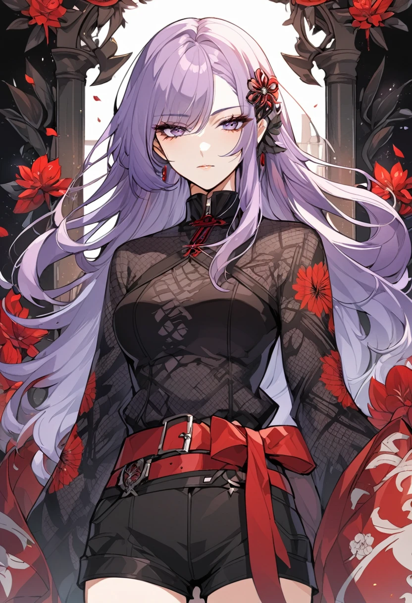 One a beautiful and calm woman, she has dark purple hair mixed with light purple hair at the ends of her hair, she wears black shorts and she wears a dark purple top with a red belt accessory with a death flower pattern. Manhwa style.
