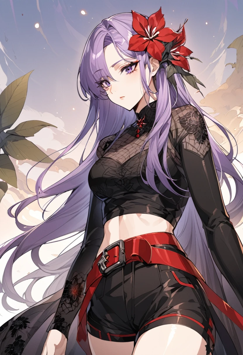 One a beautiful and calm woman, she has dark purple hair mixed with light purple hair at the ends of her hair, she wears black shorts and she wears a dark purple top with a red belt accessory with a death flower pattern. Manhwa style.