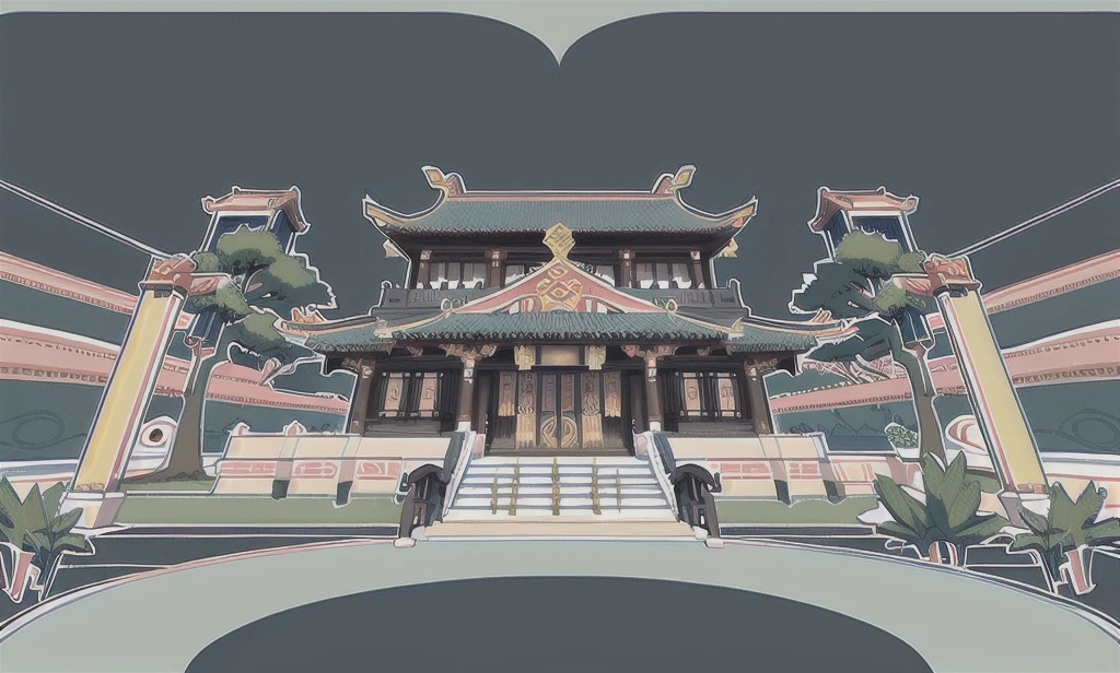  Traditional Chinese architecture"， Historical palace exterior，Overcast sky，Ghibli style，

