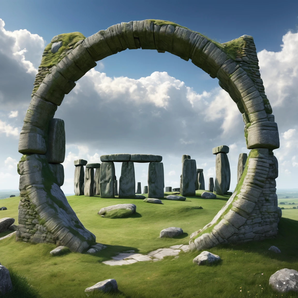 ((best quality)), ((masterpiece)), ((realistic,digital art)), (super detailed), (grande cercle de pierre au sommet d'une colline), view from the ground, (style medieval fantasy), stonehenge