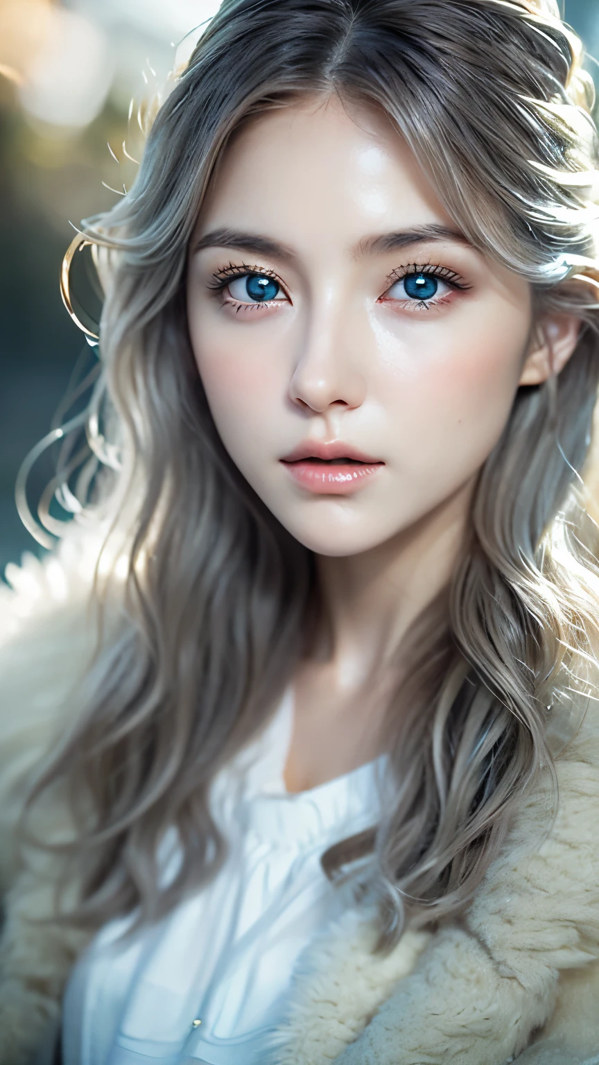 (Practical: 1.4), (masterpiece, Side lighting, Beautiful and delicate eyes: 1.2), masterpiece*portrait, Reduce water use, 20 years old,Practical face, 3d face, Bright Eyes, Romantic gray fluffy hair, Glowing skin, Solitary, Embarrassing, Bold lighting