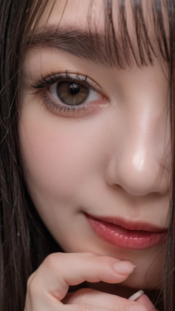 (((Ultra-high resolution、Close-up、Cute Japanese Woman)))、Long, straight black hair frames her face、So that every single hair is clearly visible、Depicts subtle color changes depending on the amount of light hitting the subject、The skin is white and smooth、Has a natural glow、Fine skin texture、Representing the fine details of pores、amountや頬に薄い赤みがある部分を詳細に、The eyes are almond-shaped and dark brown.、Fine details of the iris、Depicts color gradations and patterns、Long, natural-looking eyelashes, each and every one visible、Well-groomed eyebrows、indivual々The hair is clearly visible、Light reflects off into the eyes、Create small highlights、noseは繊細で、nose孔の細かいディテールがある、Lips are plump and naturally pink、Depicts the fine lines and soft curves of the lips、Shiny、Accentuate the shape、Detailed depiction of lip texture、Particular attention to the depiction of light and shadow、Soft natural light gently illuminates the face from the front、amount、nose、Creates a subtle glow on the cheeks、Shadows are cast softly along the contours of the face、cheekbone、Jaw Curve、noseの側面を強調、The gloss of her lips reflects the light faintly.、Emphasizes plump texture、The shadow of the hair adds depth and dimension.、indivual々The hair shines in the light、The background is simple and blurred.、Focus on the face、In the highest quality、Representing the utmost detail
