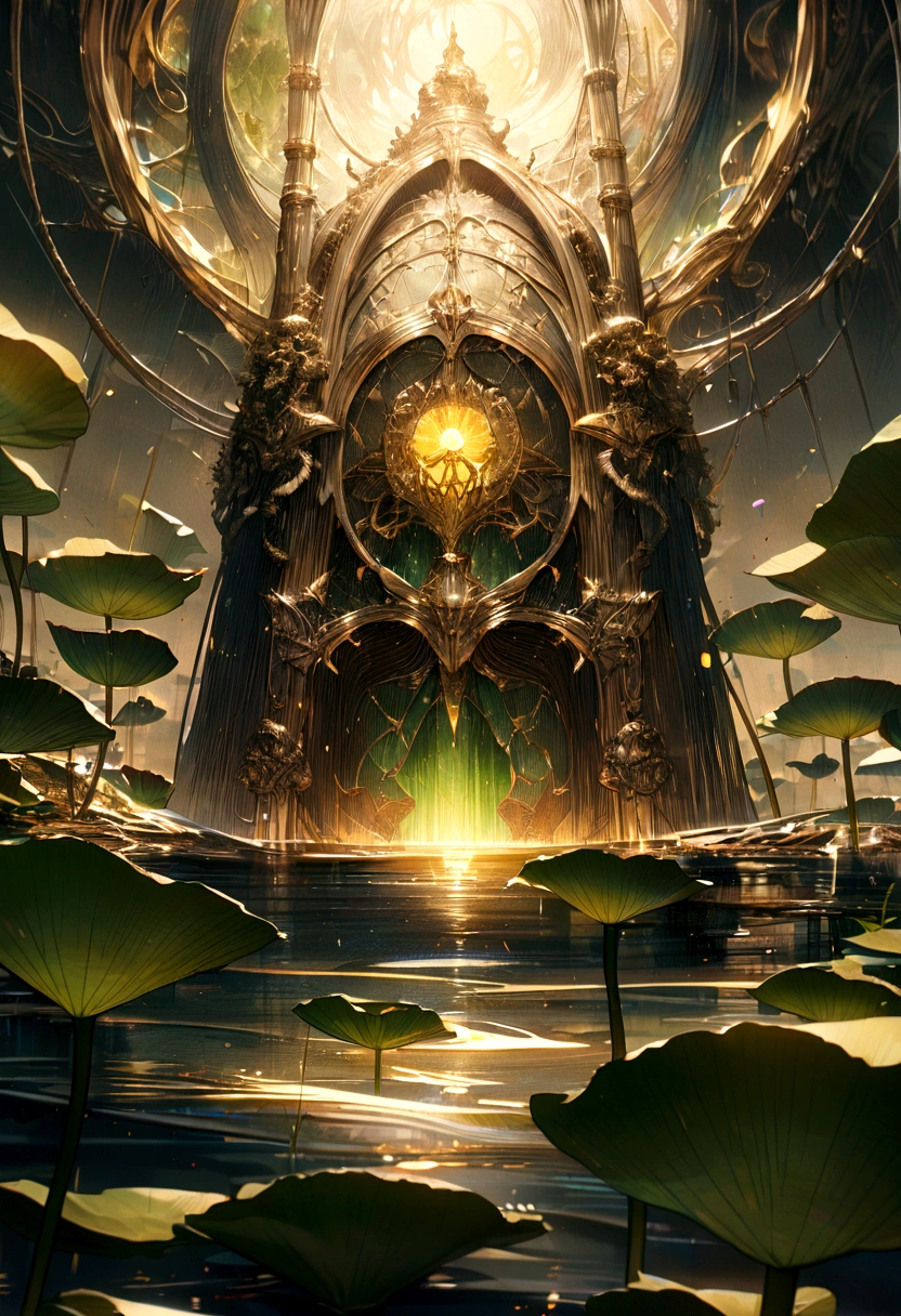 Close up of Lotus flower, Green stem, Silt comes out of the water, gold light, , retina, masterpiece, ccurate, super detail, high details, high quality