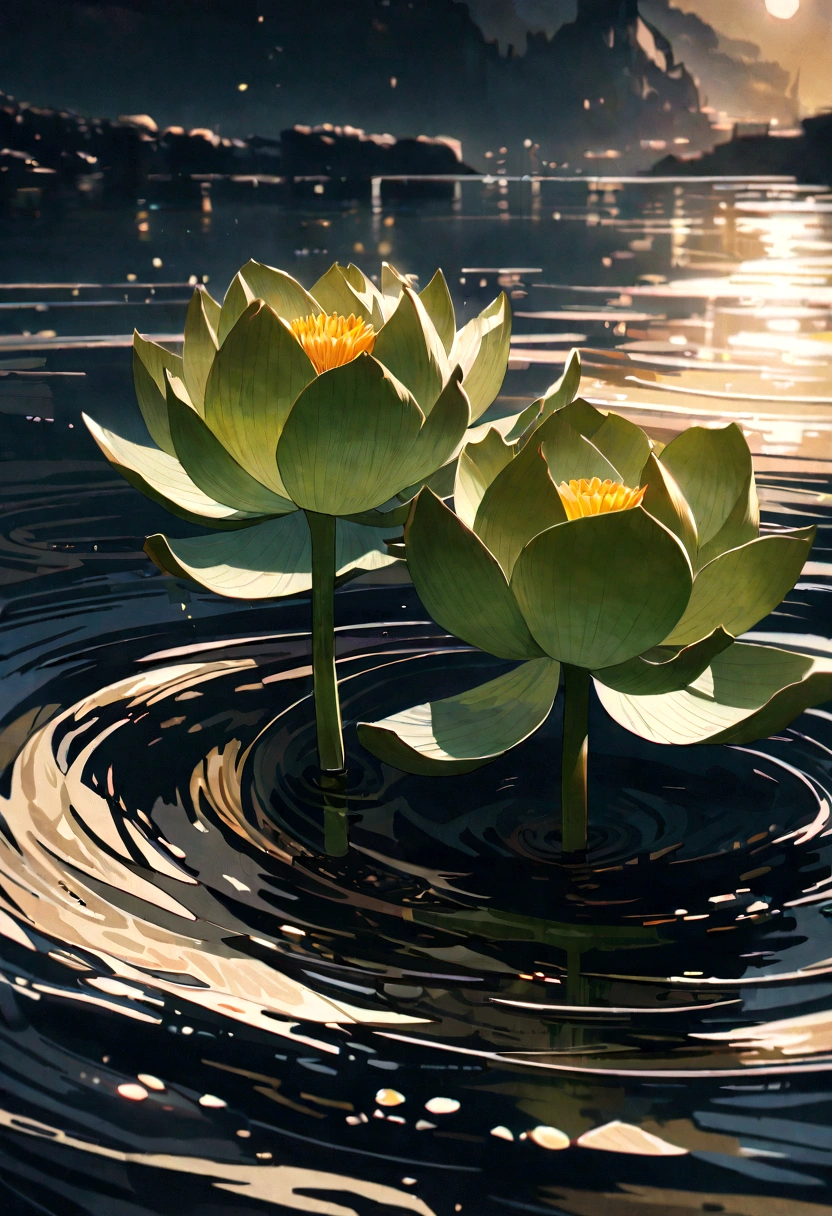 Close up of Lotus flower, Green stem, Silt comes out of the water, gold light, , retina, masterpiece, ccurate, super detail, high details, high quality