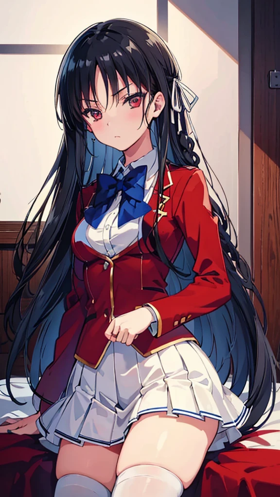 masterpiece, best quality, high resolution, best illustration, super fine illustration, (official art:0.7), anime screencap, detailed beautiful face and eyes, anime keyvisual, (perfect anatomy:1.5), 8k portrait,
1girl,
Suzune Horikita,
Suzune Horikita \(youjitsu\),
long hair, braid,
black hair,
(red eyes:1.2), slant eyes, small eyes,
blue bow,
medium breasts,
(uniform, red jacket, white skirt, pleated skirt, black thigh-high socks),
looking at viewer,
cowboy shot,
perfect light, background of indoor, lie on the bed, nsfw