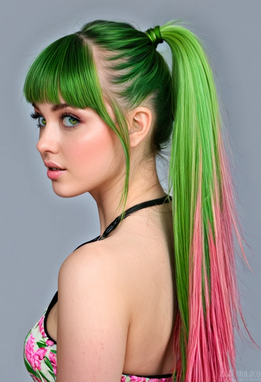 Portrait, photorealistic, realistic, girl, green eyes, clear skin, soft makeup, (very long streaked green/pink hair), bangs, ponytail, hair cascades down her back, realistic soft skin, tight body,