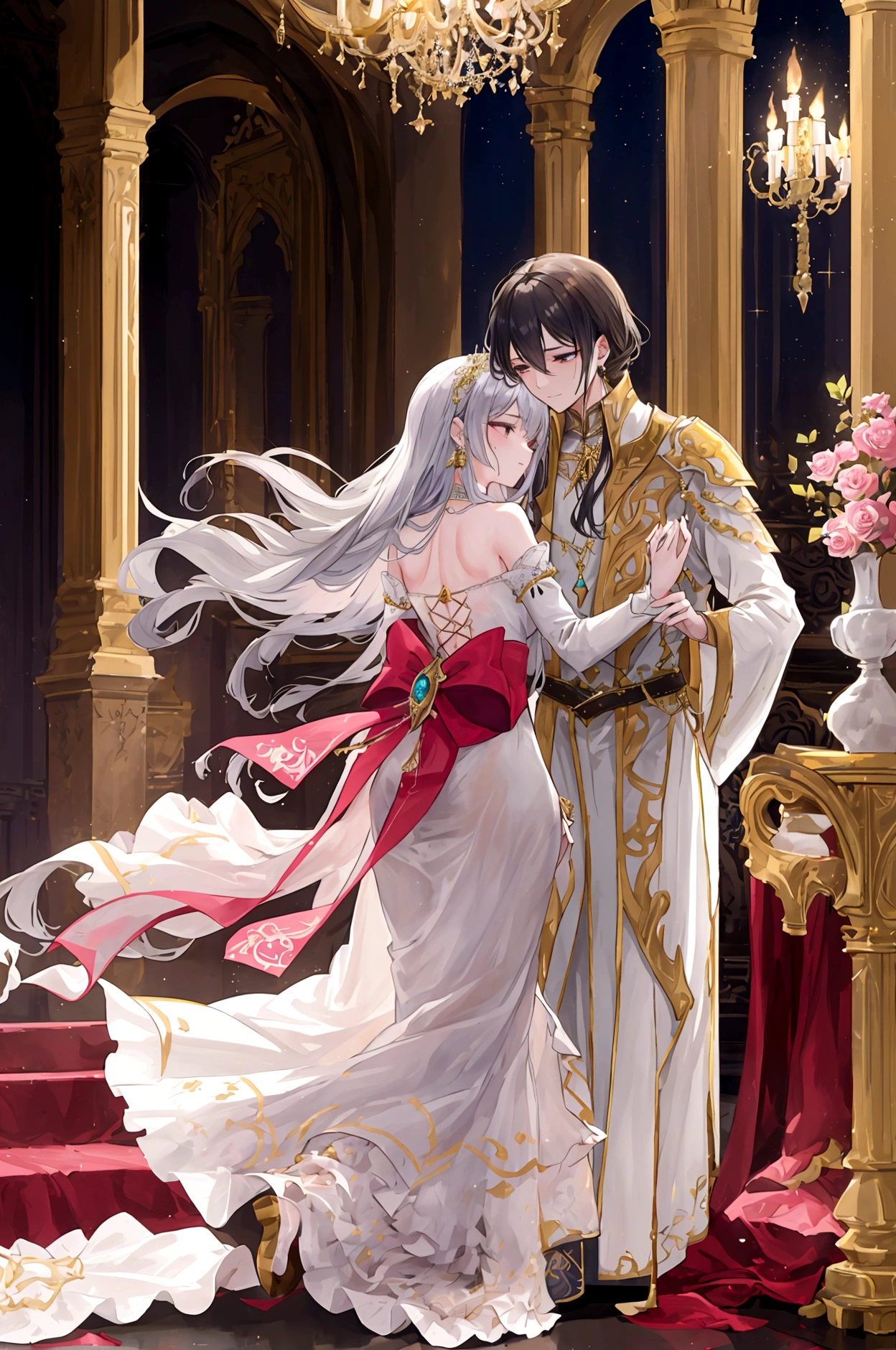 In the grand medieval ballroom, illuminated by the soft glow of flickering torches and adorned with intricate tapestries, a pair of lovers moved gracefully across the polished marble floor. The air was filled with the melodic strains of a minstrel's lute, weaving a tapestry of enchanting notes that seemed to embrace their every step.
He, a gallant knight with chiseled features and eyes as deep as the night sky, donned his finest attire—a velvety tunic adorned with golden threads and a polished suit of armor that gleamed under the gentle light. His gloved hand rested gently on her waist, his touch firm yet tender, as he guided her with practiced ease.
She, a vision of elegance and beauty, wore a gown that cascaded in waves of silk and satin, the color of midnight with accents of silver that shimmered like stardust. Her hair, adorned with delicate jewels and a single blooming rose, framed a face that radiated both innocence and passion. Her eyes locked onto his, sparkling with a mixture of devotion and desire.
As they danced, their steps were perfectly synchronized, a harmonious ballet of movements that spoke of an unspoken connection between their souls. The ballroom seemed to fade away, leaving only the two of them locked in a timeless embrace, swaying to the rhythm of their hearts' desires.
Around them, nobles and courtiers observed in hushed admiration, their whispers blending with the music like a soft breeze through the open windows. The lovers were the center of attention, yet in their shared world, they were the only ones that truly existed.
With each twirl and dip, their laughter mingled with the melody, a symphony of joy that echoed through the opulent chamber. Their love was a story written in every step, every glance, every touch—a story that transcended the constraints of time and place, a story that would be told for generations to come.