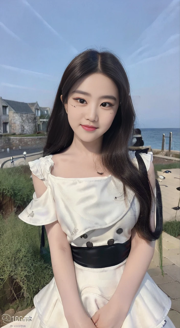 ((best quality, 8K, masterpiece: 1.3)), focus: 1.2, perfect body beautiful: 1.4, buttocks: 1.2, (layered hairstyle: 1.2), (dark street: 1.3), Highly detailed facial and skin textures, whole body, narrow eyes, double eyelids, skin whitens, long hair, (round face: 1.5), (Chestless dress: 1.6). Smile by the sea