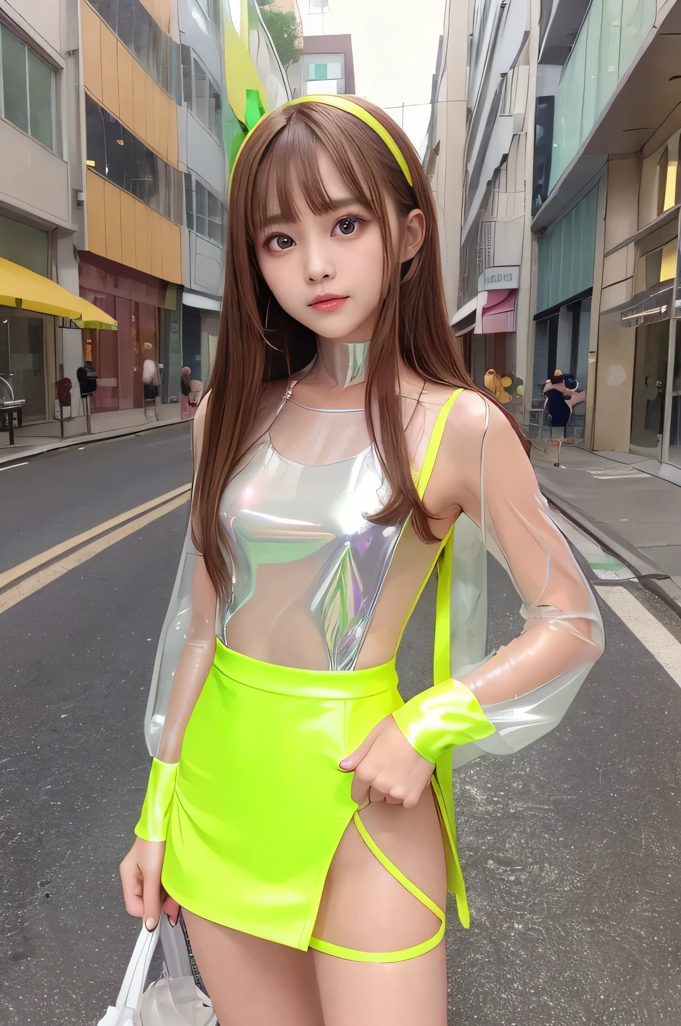 (Very beautiful young girl:1.2), (lolie:1.4), (large eyes:1.2), (clear-eyed), small straight nose, small mouth, (v-line jaw:1.1), Beautiful detailed eyes, Detailed double eyelids, Long straight brown hair, see-through bangs, beautiful detailed face, drooping eyes, (Fair skin: 1.3),(15 yo:1.2),(smiling),BREAK
(Super shiny neon yellow one-piece mini skirt :1.3) , Walking,
Costume lighting,(costume with strong reflective surfaces:1.4),
In the street ,
(Brown hair:1.3)