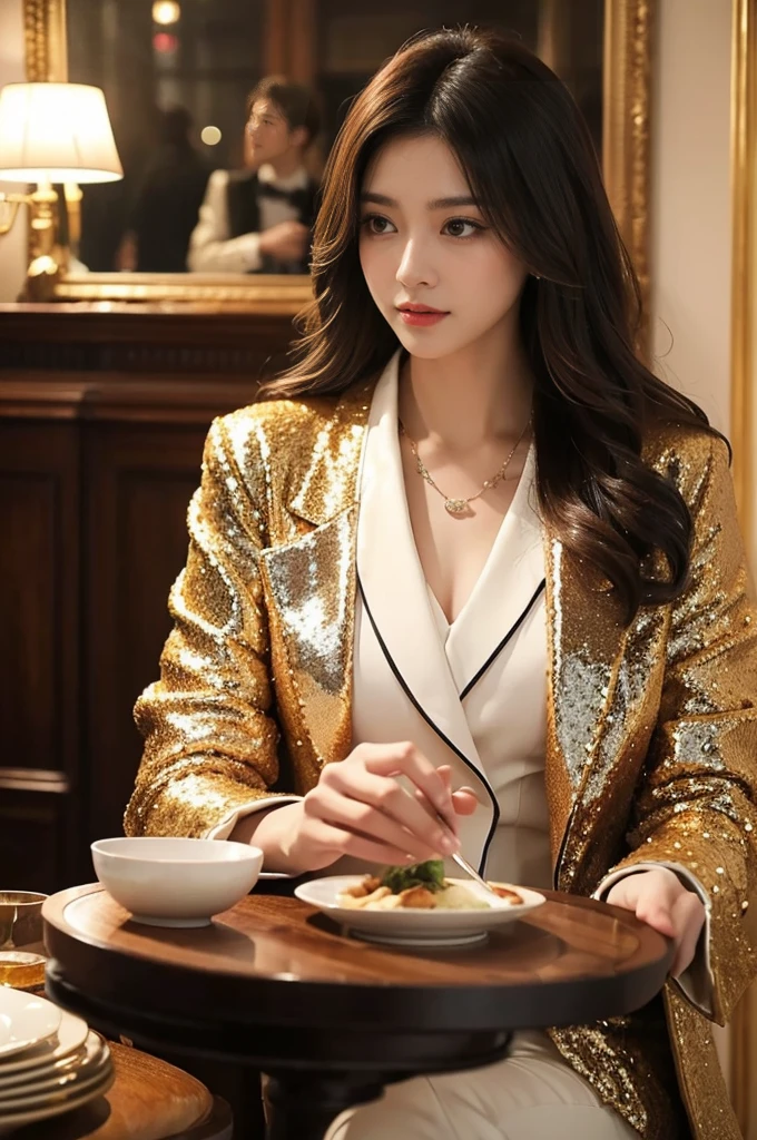 Gorgeous evening jacket:If the dinner is more formal,Can be paired with a gorgeous coat,Like velvet、Fur or sequined coats。This not only increases the sense of nobility,Keeps you warm during dinner parties。