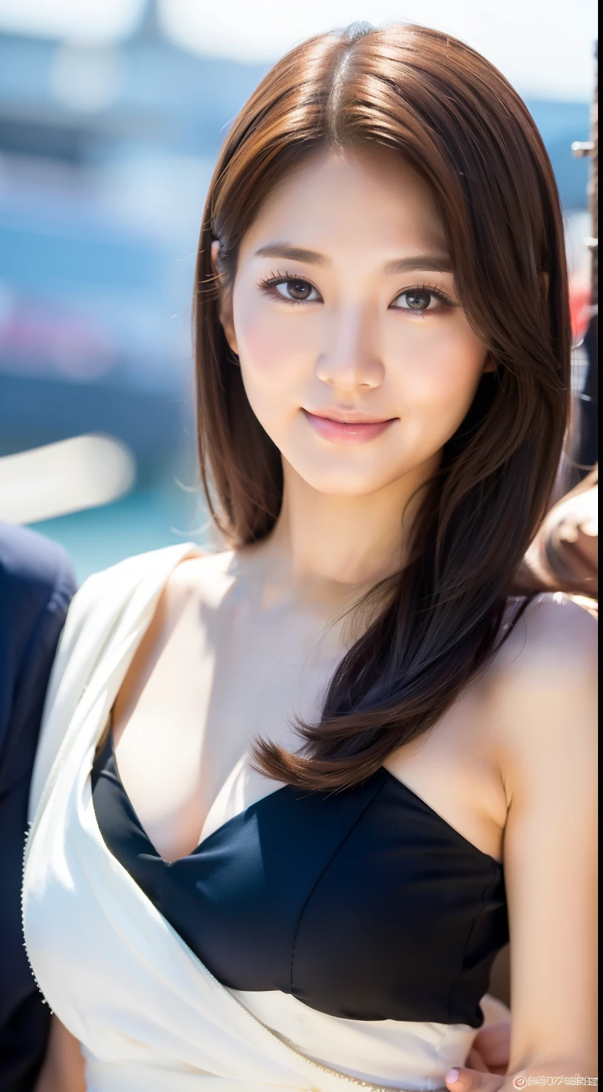 (masterpiece), best quality, Expressive eyes, Perfect face, Realistic photos (1 cute Korean star) Shoulder-length hair, Light makeup, Medium breast size, Smile, Wear cosplay costumes, Ship in the background, Clear facial features of the Canon EOS, 16K, high resolution, Crisp, lifelike details.