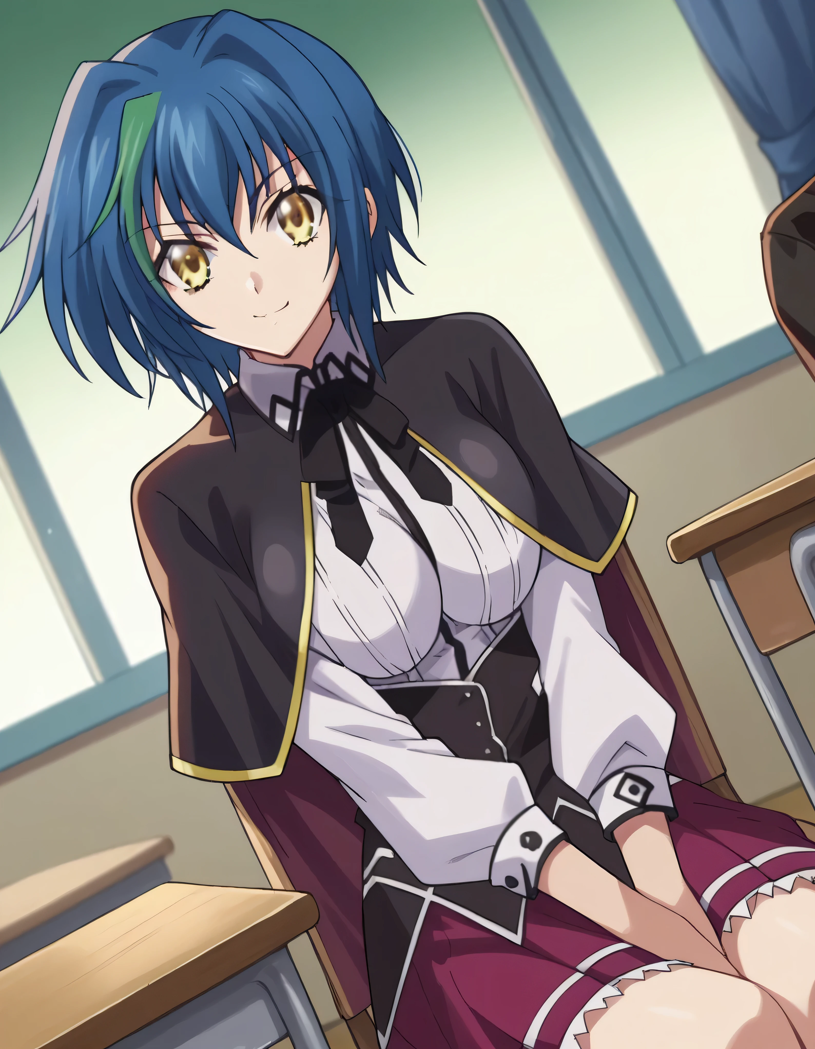 score_9, score_8_up, score_7_up, source_anime,
xenoviaquarta, xenovia quarta, short hair, blue hair, yellow eyes, multicolored hair, green hair, two-tone hair, streaked hair, smile,
shirt, ribbon, , white shirt, black ribbon, neck ribbon, capelet, black capelet, long sleeves, skirt, red skirt,
indoors, classroom, sitting, desk, chair,
looking at viewer, dutch angle, cowboy shot,