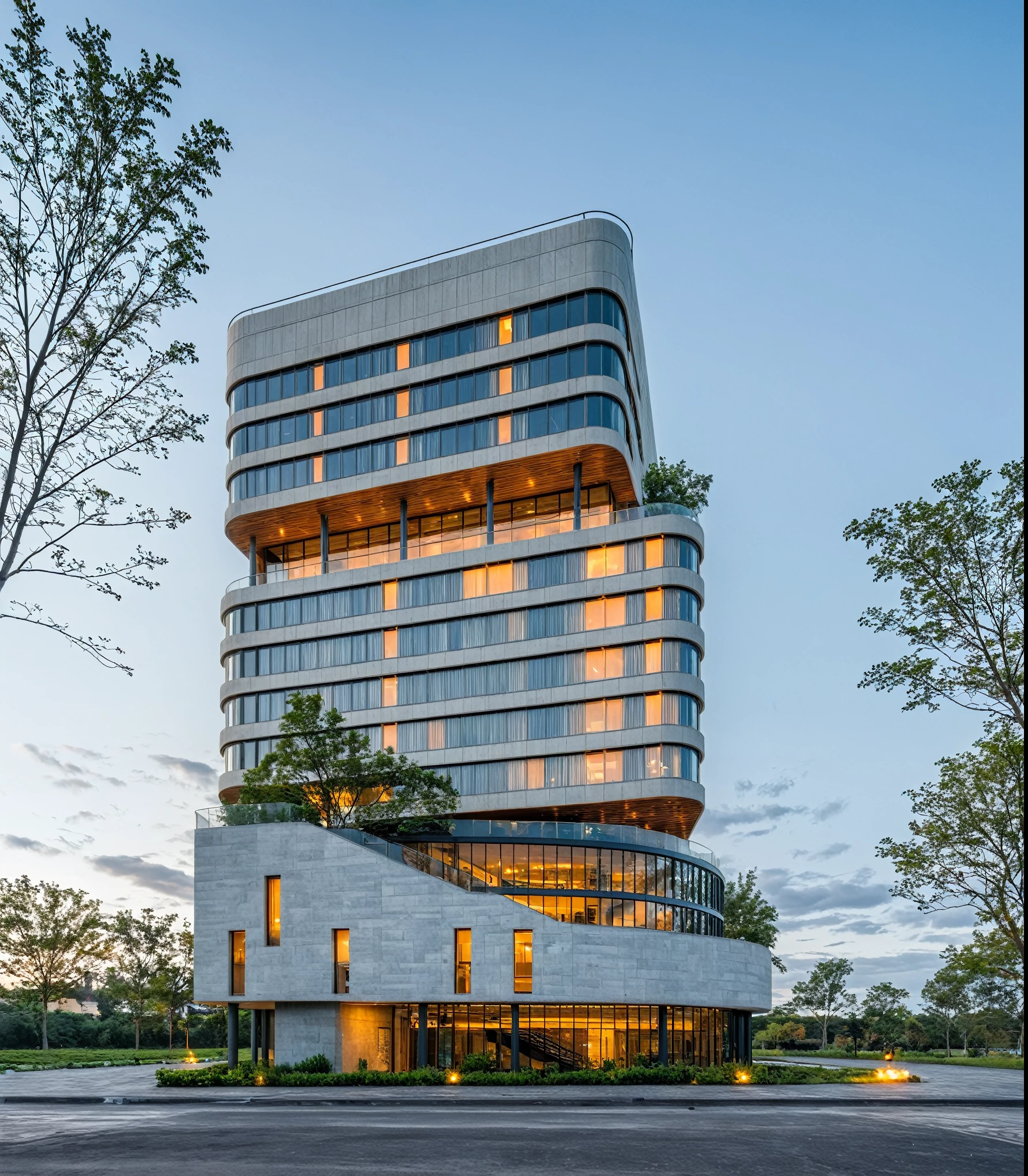 Masterpiece, high quality, best quality, authentic, super detail, office building, aluminum cover, concrete column, outdoors, FPT building, house style modern on the street, white wall, road, pavement, grass, trees, sky, cloud, (daylight:1.1)