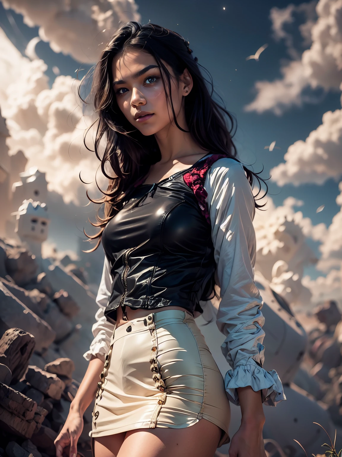Masterpiece, Best Quality (Surrealism: 1.3), Excellent, Quality, Rembrandt Lighting, (Masterpiece: 1.2), (Realism: 1.2), (Best Quality), (Skin Details: 1.3), Dramatic, Idyllic, 1 Girl, Young Beautiful girl. Long black hair, young 16 years old, Modern Clothes (sun, clouds, Stars, facing the viewer. ((Expressive eyes)), brown eyes, luscious scarlet lips, black hair, very long hair, closed mouth and smile, 16 years old, Modern Clothing (Surrealism: 1.3), Excellent, quality, Modern Clothing.