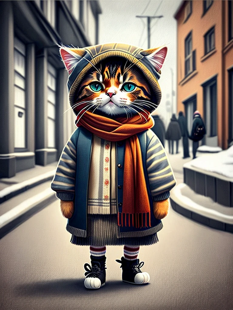 Drawing of a cat wearing a scarf Dress in street clothes. The rendering details are hyper-realistic. British gang member, street style, gentle demeanor, planet of cats. Fashionable clothes Meow, Western Slavic characteristics 8 1 5