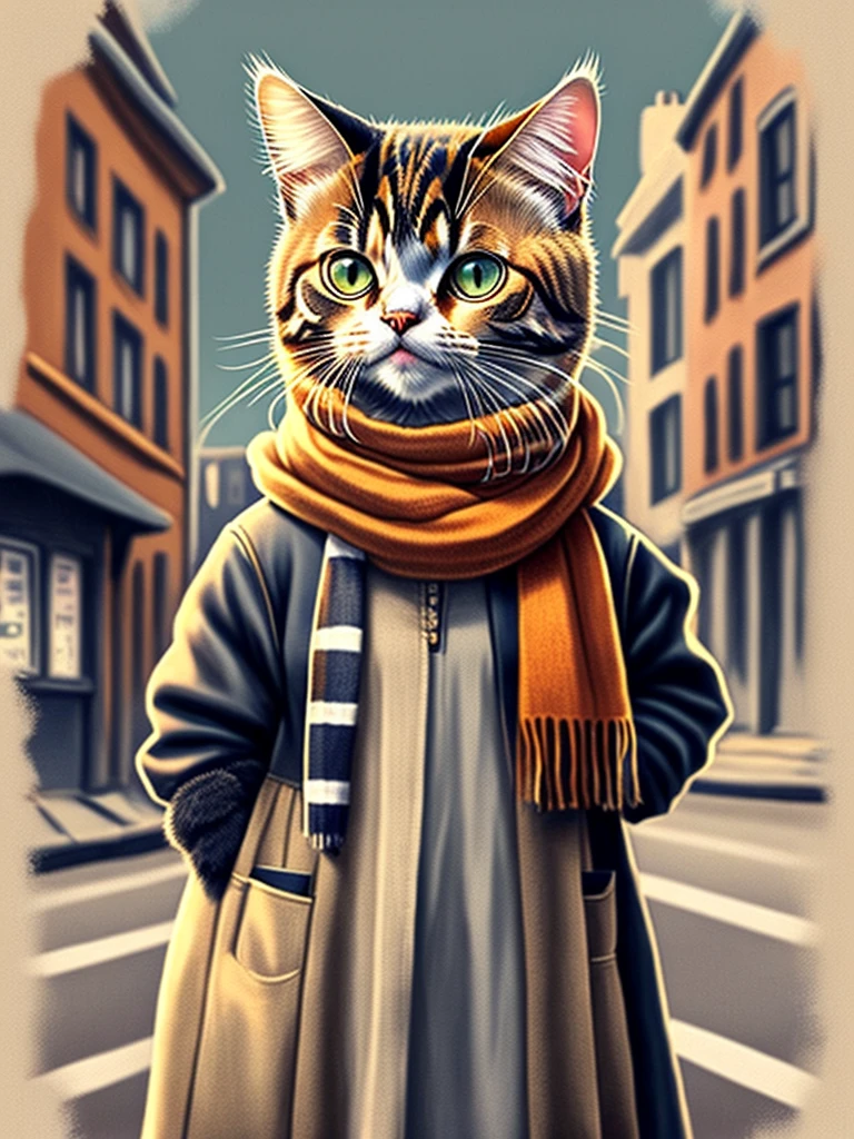 Drawing of a cat wearing a scarf Dress in street clothes. The rendering details are hyper-realistic. British gang member, street style, gentle demeanor, planet of cats. Fashionable clothes Meow, Western Slavic characteristics 8 1 5