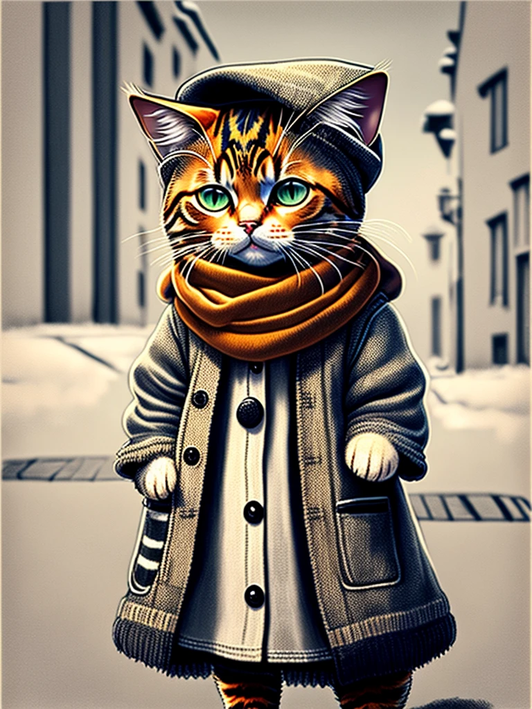 Drawing of a cat wearing a scarf Dress in street clothes. The rendering details are hyper-realistic. British gang member, street style, gentle demeanor, planet of cats. Fashionable clothes Meow, Western Slavic characteristics 8 1 5
