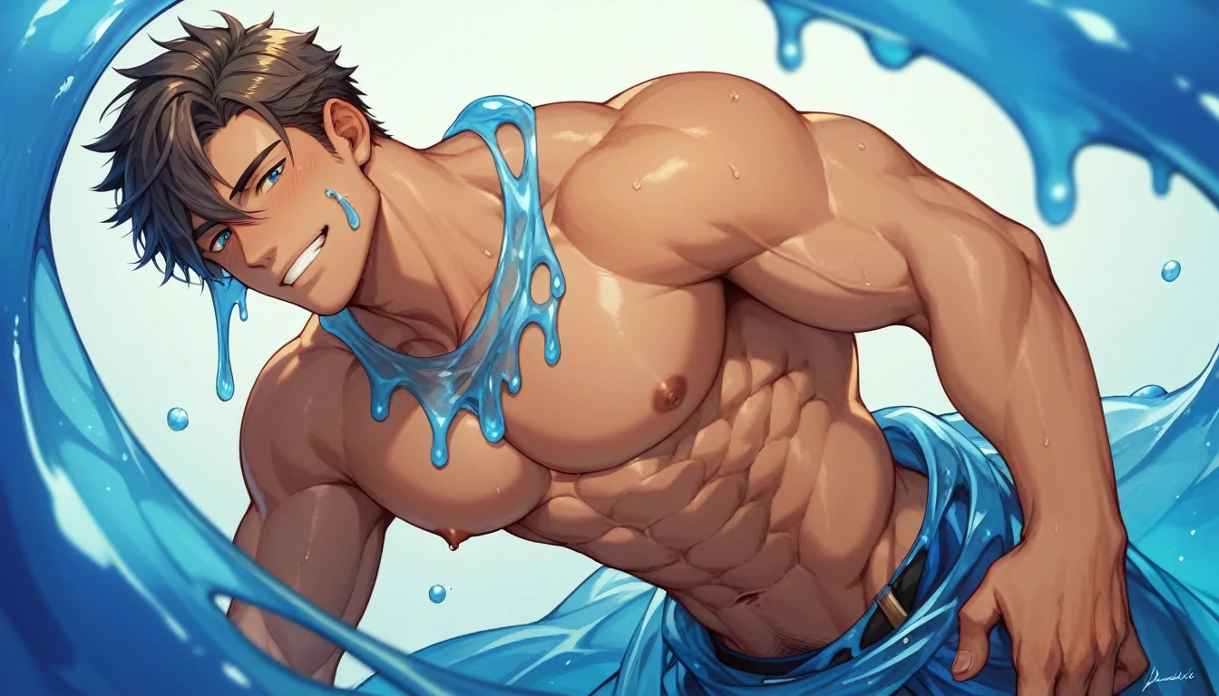 Best quality, masterpiece, intricate details, muscular handsome male slime, gay, homoerotic, best view, manga art style, perfect fingers, no watermark, no logo, no signature