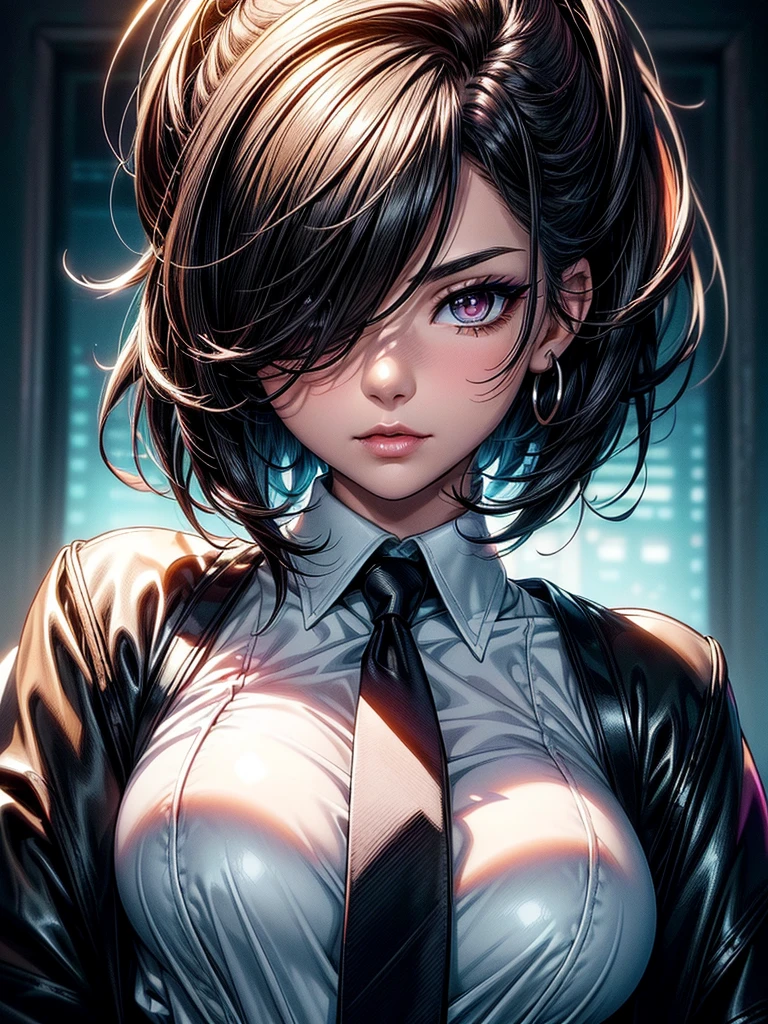 (masterpiece)(8k)(cute)(25-year old woman)(1girl:1.5)(solo:1.8)(wild hair:1.3)(short hair:1.3)(black brown hair)(shiny hair:1.2)(hair over one eye:1.5)(hairbun:1.2)(flat chest:1.3)(black pupils:1.4)(glossy skin:1.4)(glossy lips)(dark, glossy eye-shadow:1.5)(dark eyelashes:1.4)(white office shirt:1.6)(long black necktie:1.4)(winter coat:1.3)(nose ring:1.2)(seductive pose:1.3) rossdraws pastel vibrant, rossdraws cartoon vibrant, style anime 8k, beautiful portrait, artgerm colorful!!!, ! dream artgerm, beautiful anime girl, styled digital art, art wallpaper 8k, digital art, extremely detailed artgerm,