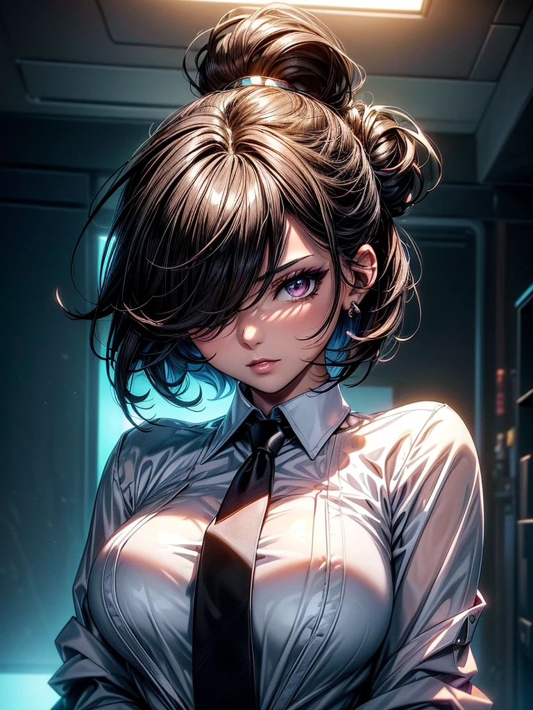 (masterpiece)(8k)(cute)(25-year old woman)(1girl:1.5)(solo:1.8)(wild hair:1.3)(short hair:1.3)(black brown hair)(shiny hair:1.2)(hair over one eye:1.5)(hairbun:1.2)(flat chest:1.3)(black pupils:1.4)(glossy skin:1.4)(glossy lips)(dark, glossy eye-shadow:1.5)(dark eyelashes:1.4)(white office shirt:1.6)(long black necktie:1.4)(winter coat:1.3)(nose ring:1.2)(seductive pose:1.3) rossdraws pastel vibrant, rossdraws cartoon vibrant, style anime 8k, beautiful portrait, artgerm colorful!!!, ! dream artgerm, beautiful anime girl, styled digital art, art wallpaper 8k, digital art, extremely detailed artgerm,