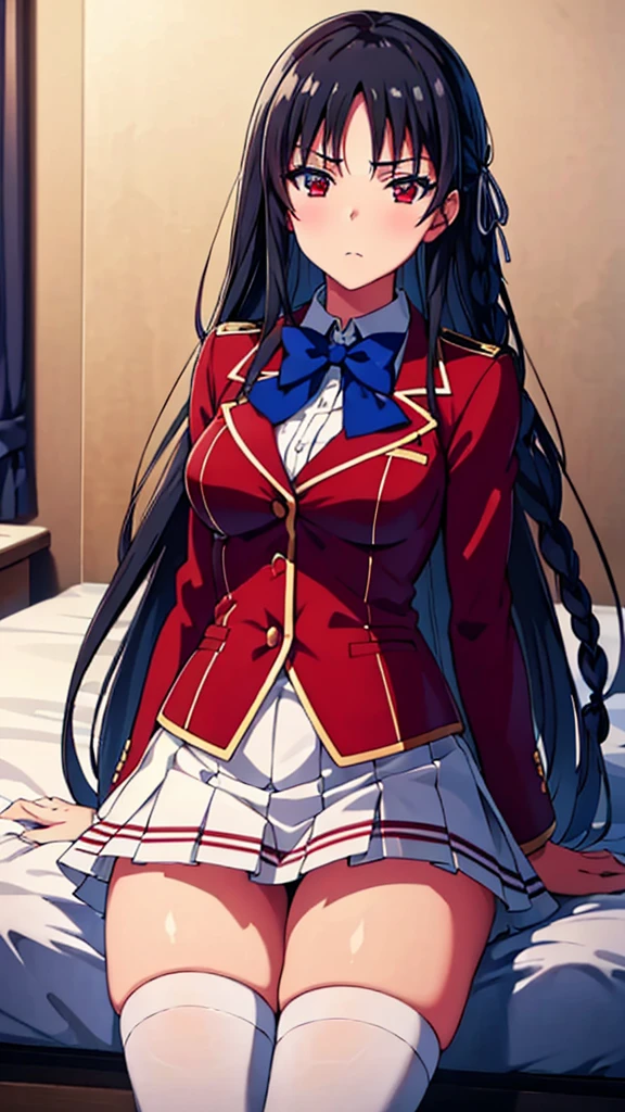 masterpiece, best quality, high resolution, best illustration, super fine illustration, (official art:0.7), anime screencap, detailed beautiful face and eyes, anime keyvisual, (perfect anatomy:1.5), 8k portrait, 
1girl,
Suzune Horikita, 
Suzune Horikita \(youjitsu\),
long hair, braid, 
black hair, 
(red eyes:1.2), slant eyes, small eyes, 
blue bow, 
medium breasts, 
(uniform, red jacket, white skirt, pleated skirt, black thigh-high socks),
looking at viewer, 
cowboy shot, 
perfect light, background of indoor, lie on the bed, nsfw
