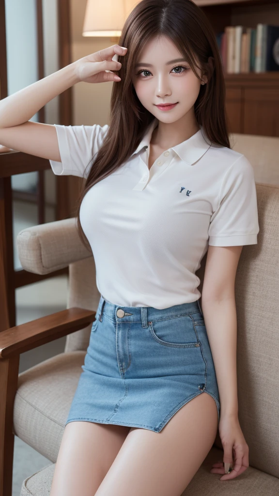 (One woman), Great face and eyes, blue eyes, Captivating smile, (Stunningly beautiful woman), (Highest quality:1.4), (Very detailedな), (Very detailed CG 統合 8k 壁紙), Very detailed, High-quality RAW color photos, Professional photography, Written boundary depth、Sexy pose、Luxury、(((Big Breasts、Reality)))、(((Polo shirt)))、mini skirt、Beautiful feet、height: 170cm、Slender beauty,(Beautiful limbs,Beautiful fingers:1.5)