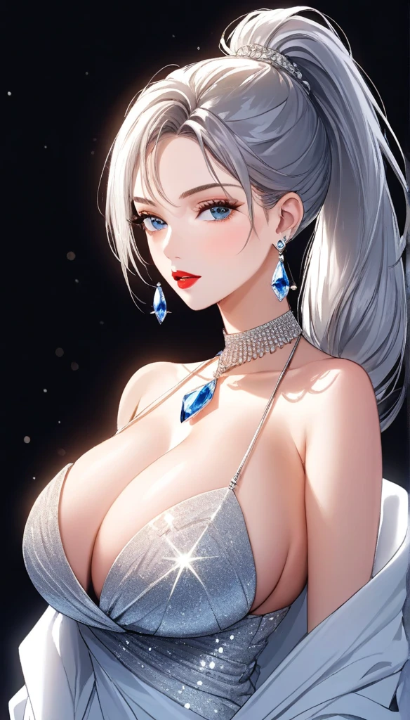 (masterpiece, best quality), intricate details, , a beautiful woman wearing earrings, inspired by Emma Andijewska, draped in crystals, silver color, long earrings, sandra chevier, huge earrings, 2019, blue-eyed, platinum jewellery, earring, flawless structure, silver earring, big breasts ,red lipstick, bracelet, necklace, ponytail,full body