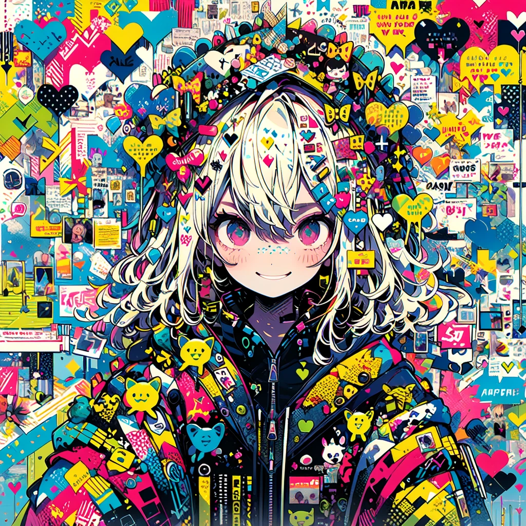 ((masterpiece、Highest_quality))、((Front facing face))、((One personの少女)),Wheat-colored hair、An illustration、smile、"cute, beautiful, Adorable girl in pink clothes, The shoulders are visible、Wearing a black tank top、He is wearing a hooded jacket that has slipped down to his shoulders、Baby blue color scheme. She is wearing a purple butterfly-inspired outfit..。.。.。.... rock、Lots of little ribbons、Comes with decorative accessories such as hair clips. Embodying the vibrant and modern Harajuku fashion style。Pose with one finger in front of the lips、Cat ear、One person、Long Hair
