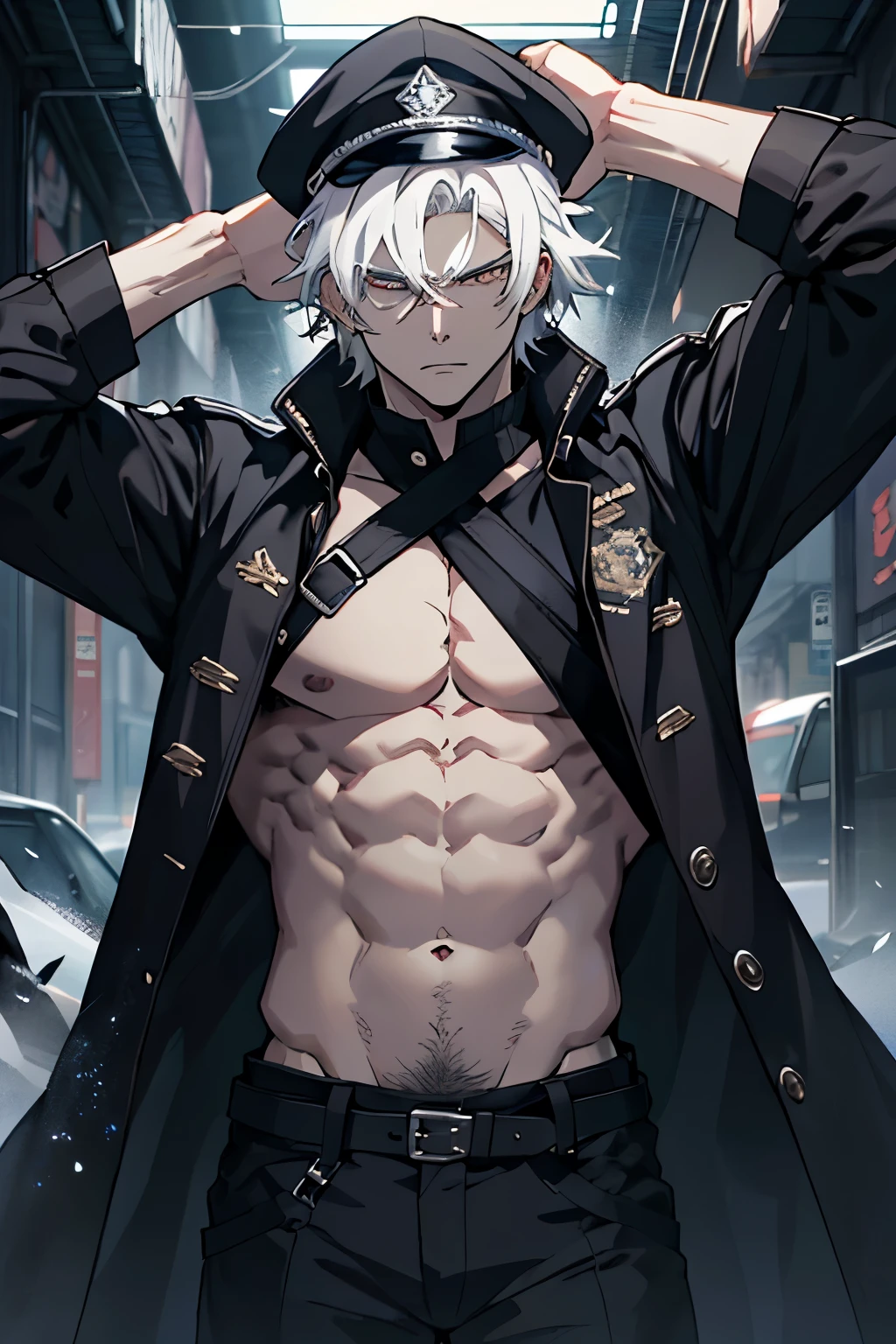 stocky masculine man with white skin and tired, white eyes with white hair and black clothes along with a black cap and a black trench coat with white buttons in an epic anime-like torso up pose that had a pose as if it were an epic cover of food